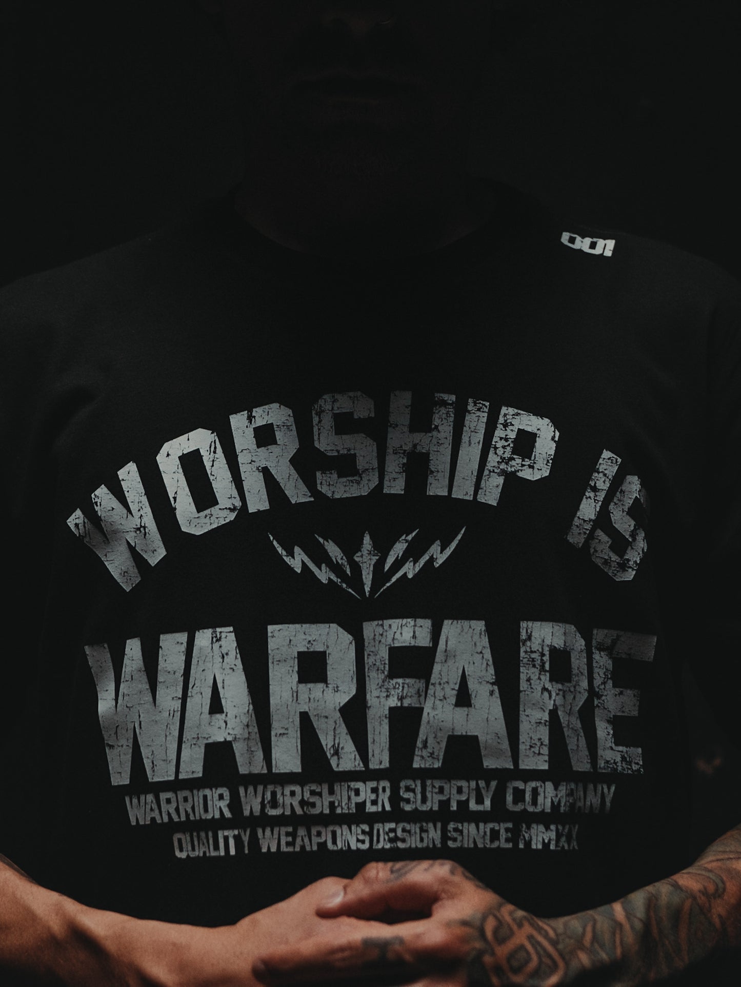 WORSHIP IS WARFARE V2 STANDARD ISSUE "PREMIUM" TEE IN BLACK