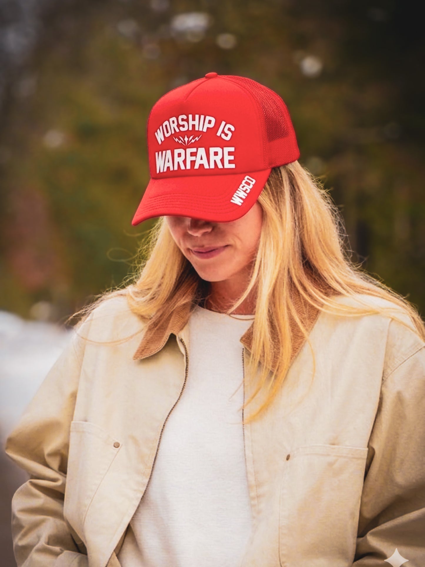WORSHIP IS WARFARE FOAM TRUCKER HAT V2 IN FIRE