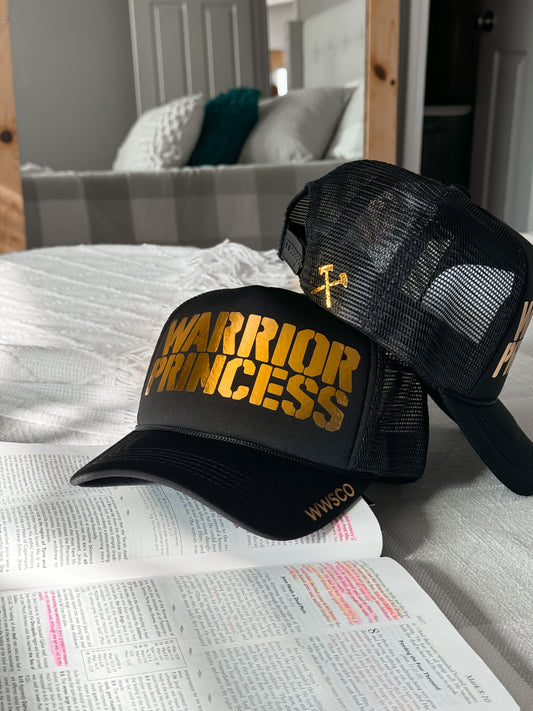WARRIOR PRINCESS GOLD FOIL TRUCKER HAT IN BLACK