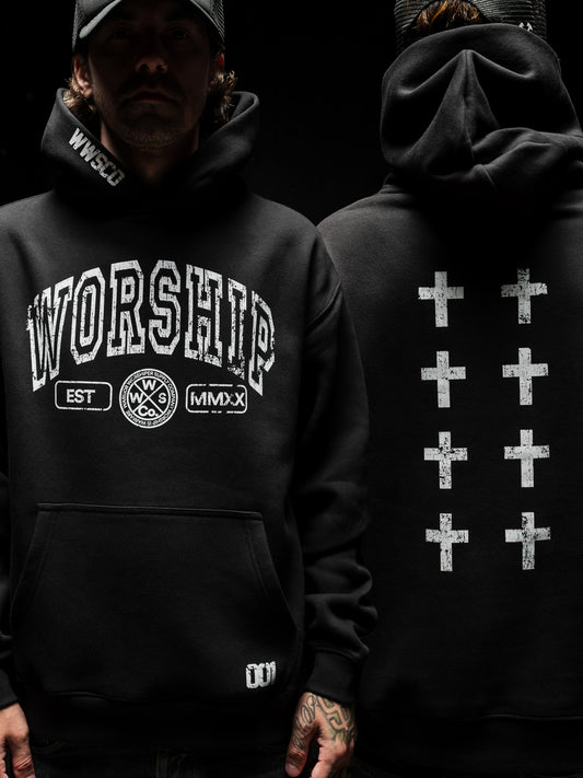 CROSSES WORSHIP DISTRESSED "PREMIUM" HOODIE IN BLACK