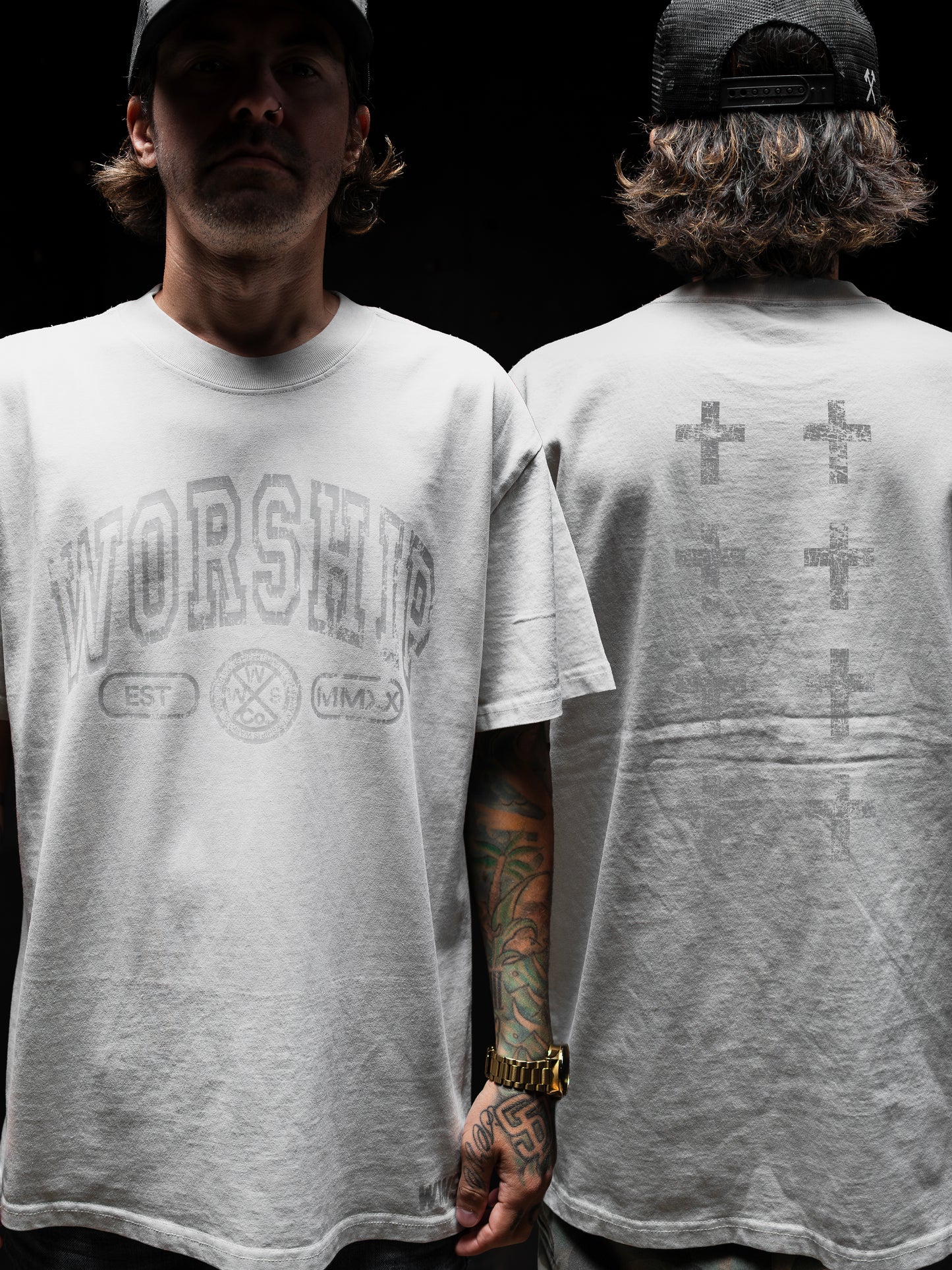 CROSSES WORSHIP "PREMIUM" HEAVY KNIT TEE IN FADED BONE 7.1 oz