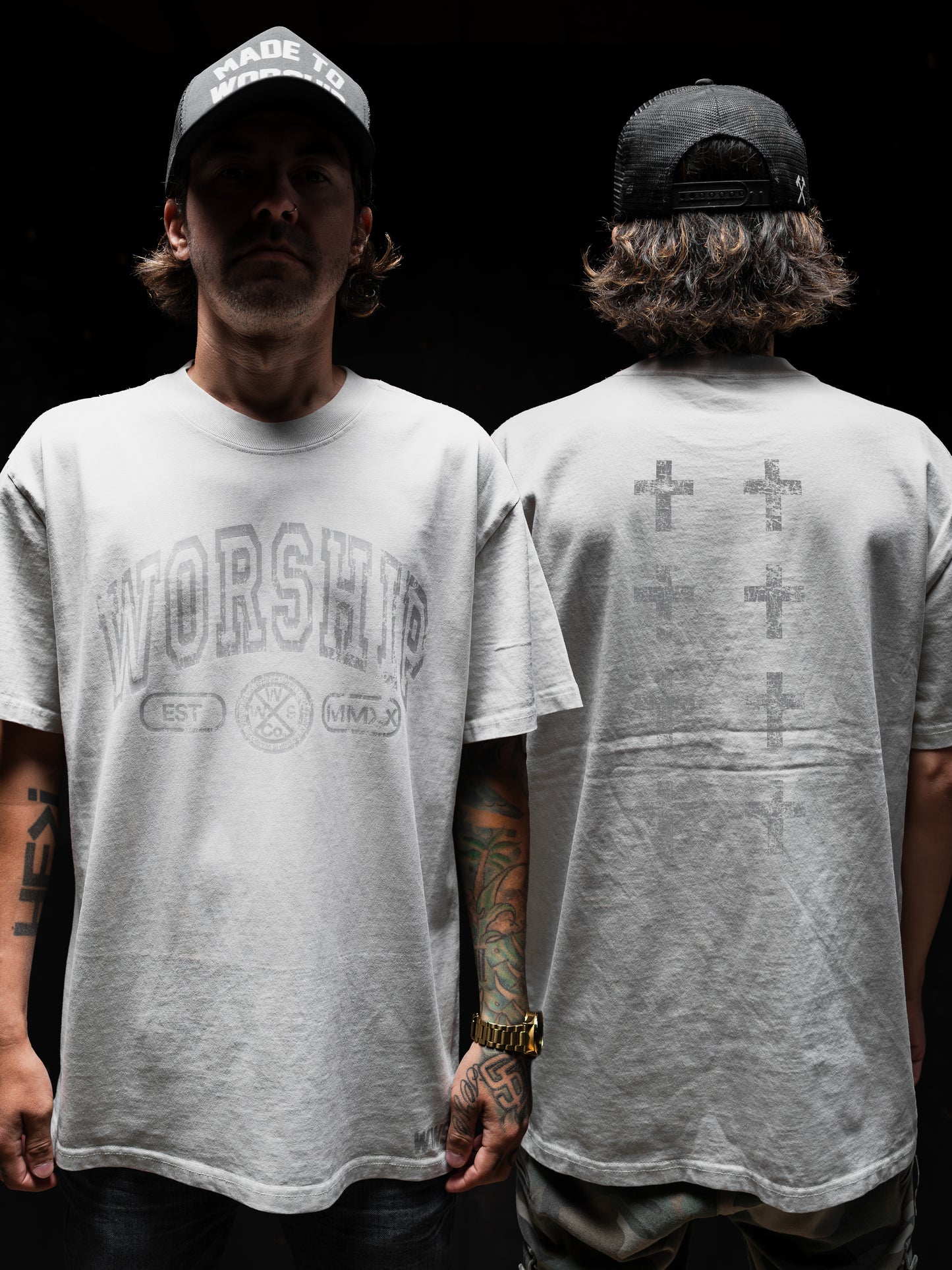 CROSSES WORSHIP "PREMIUM" HEAVY KNIT TEE IN FADED BONE 7.1 oz