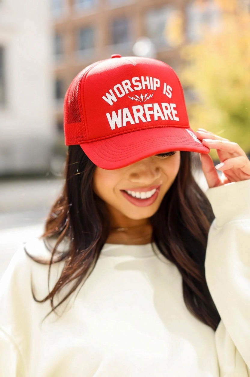 [NEW] WORSHIP IS WARFARE FOAM TRUCKER HAT V2 IN FIRE