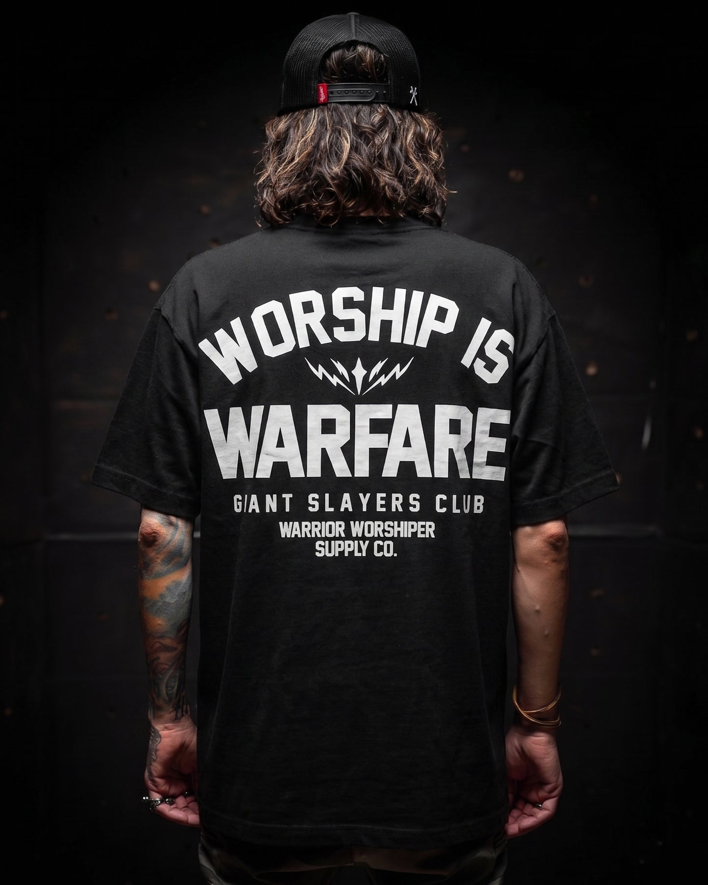 [NEW] FLAGSHIP WORSHIP IS WARFARE "PREMIUM" OVERSIZED BOX TEE 7.5 oz IN RUSTIC BLACK