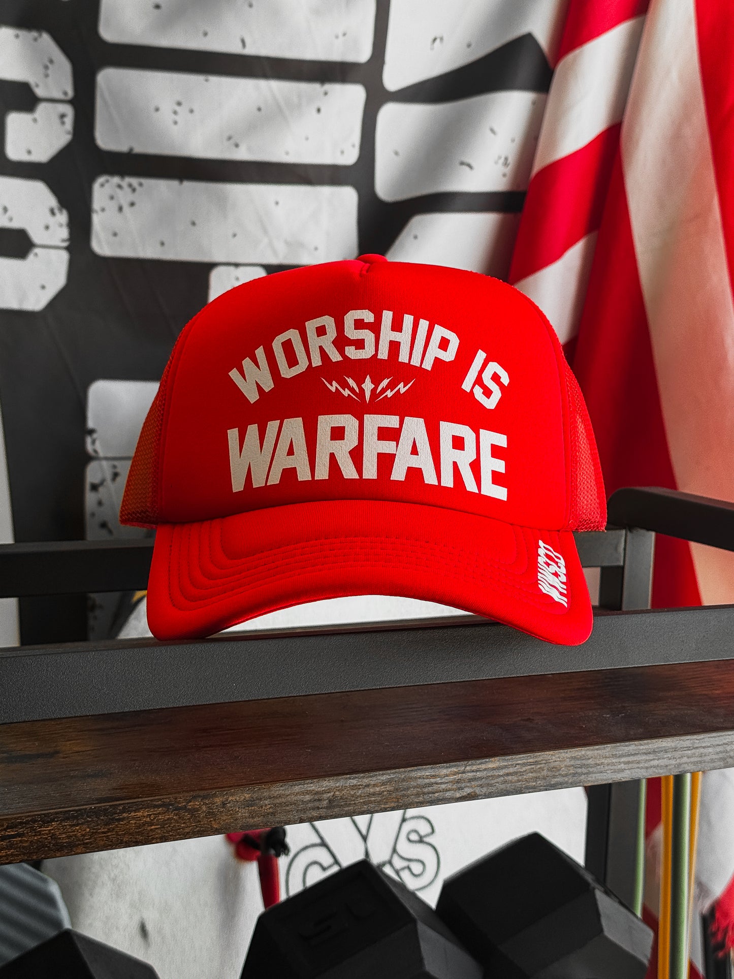 WORSHIP IS WARFARE FOAM TRUCKER HAT V2 IN FIRE
