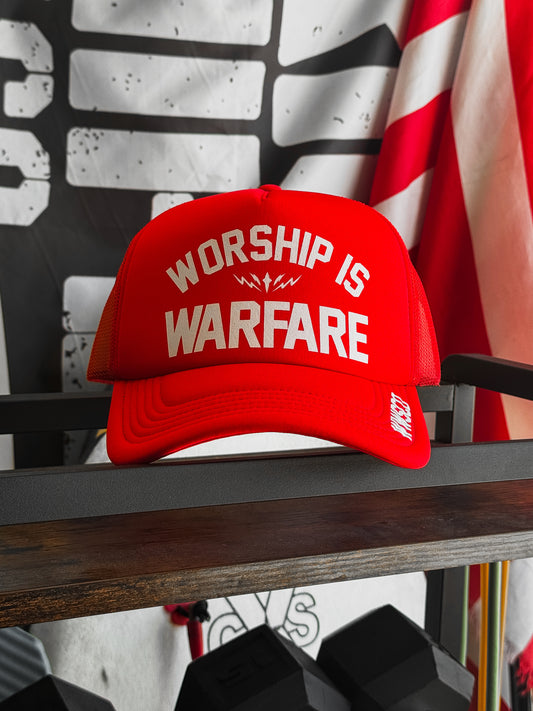 WORSHIP IS WARFARE FOAM TRUCKER HAT V2 IN FIRE