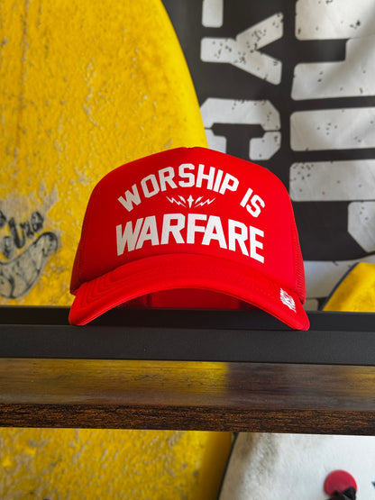 WORSHIP IS WARFARE FOAM TRUCKER HAT V2 IN FIRE