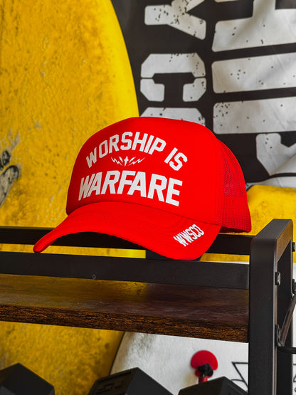 WORSHIP IS WARFARE FOAM TRUCKER HAT V2 IN FIRE