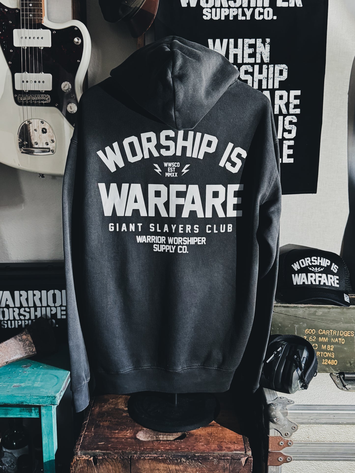 WORSHIP IS WARFARE V1  "PREMIUM" FADED BLACK HOODIE - RELAX FIT [LIMITED]
