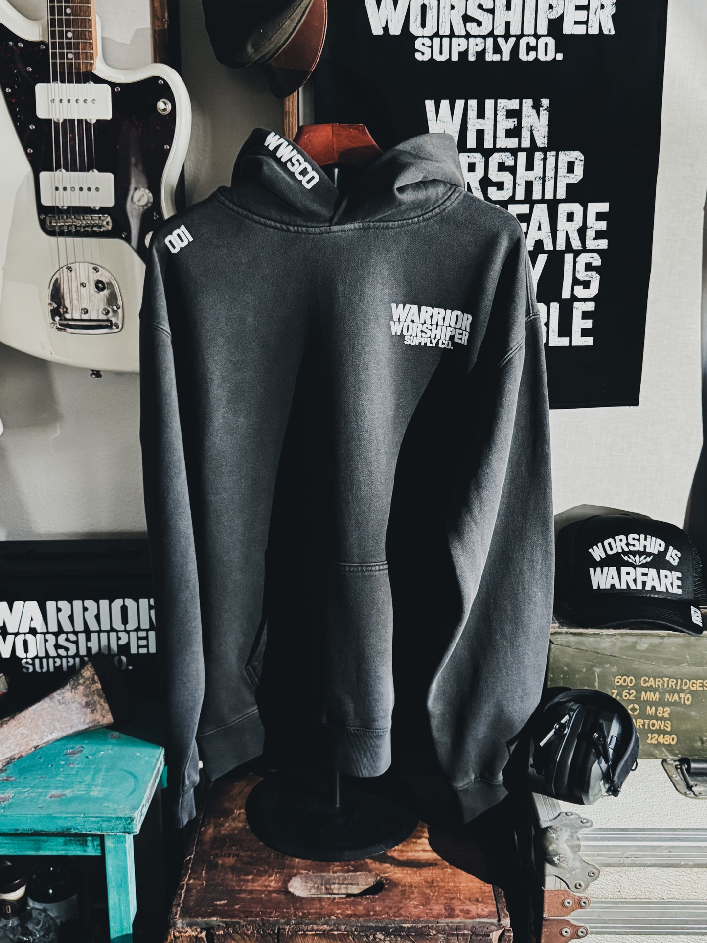 WORSHIP IS WARFARE V1  "PREMIUM" FADED BLACK HOODIE - RELAX FIT [LIMITED]