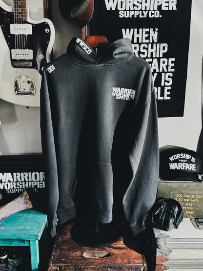 WORSHIP IS WARFARE V1  "PREMIUM" FADED BLACK HOODIE - RELAX FIT [LIMITED]