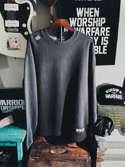 WORSHIP IS WARFARE V1 "PREMIUM" FADED BLACK CREW NECK - RELAX FIT [LIMITED]