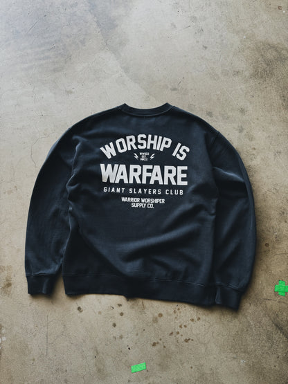 WORSHIP IS WARFARE V1 "PREMIUM" FADED BLACK CREW NECK - RELAX FIT [LIMITED]