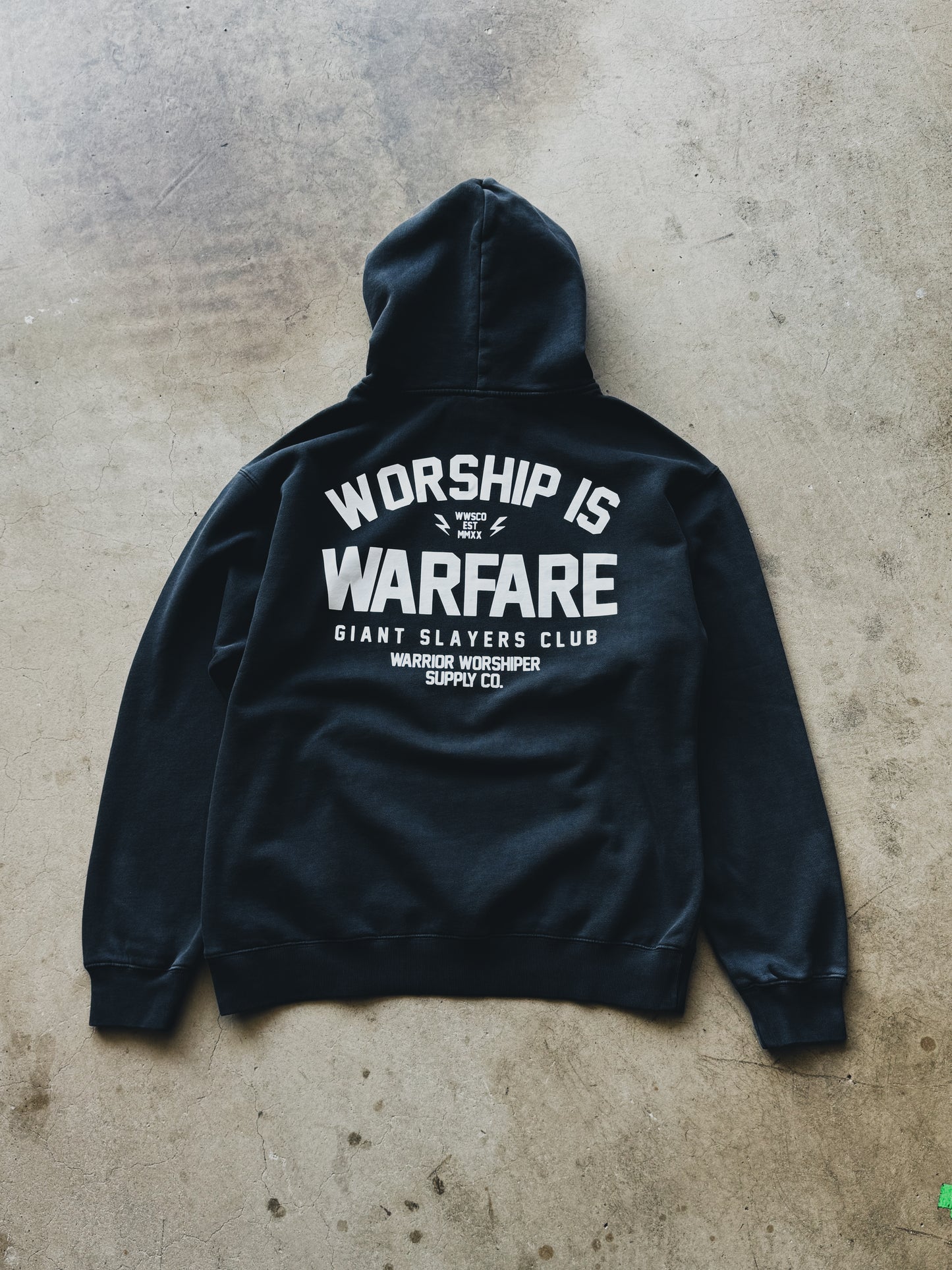 WORSHIP IS WARFARE V1  "PREMIUM" FADED BLACK HOODIE - RELAX FIT [LIMITED]