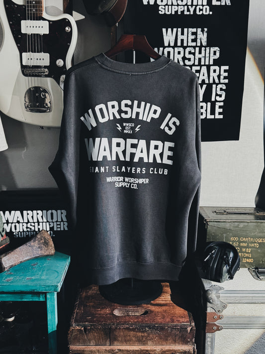 WORSHIP IS WARFARE V1 "PREMIUM" FADED BLACK CREW NECK - RELAX FIT [LIMITED]