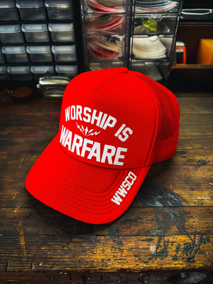 [NEW] WORSHIP IS WARFARE FOAM TRUCKER HAT V2 IN FIRE
