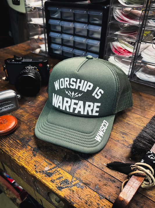 [NEW] WORSHIP IS WARFARE FOAM TRUCKER HAT V2 IN CYPRESS