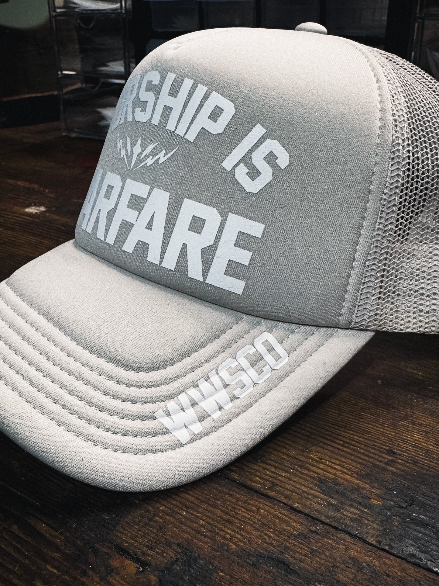 [NEW] WORSHIP IS WARFARE FOAM TRUCKER HAT V2 IN BONE