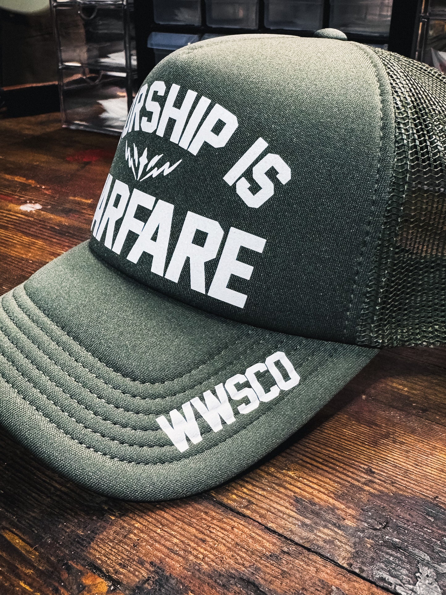 [NEW] WORSHIP IS WARFARE FOAM TRUCKER HAT V2 IN CYPRESS
