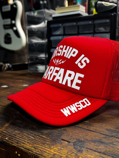 [NEW] WORSHIP IS WARFARE FOAM TRUCKER HAT V2 IN FIRE