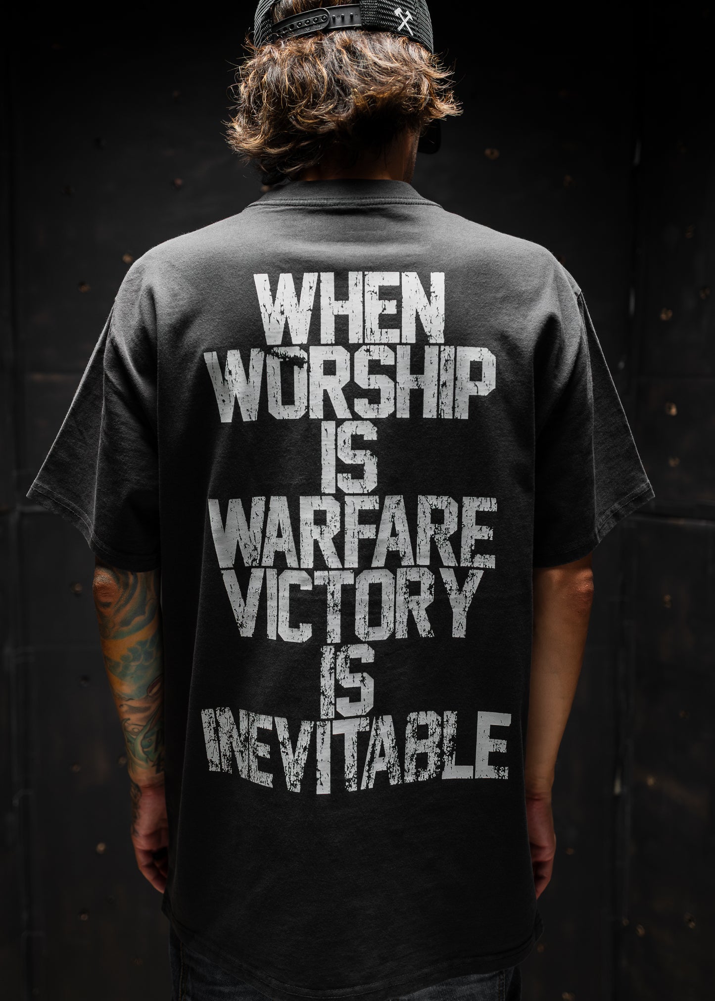 VICTORY IS INEVITABLE "PREMIUM" HEAVY KNIT TEE IN FADED BLACK 7.1 oz