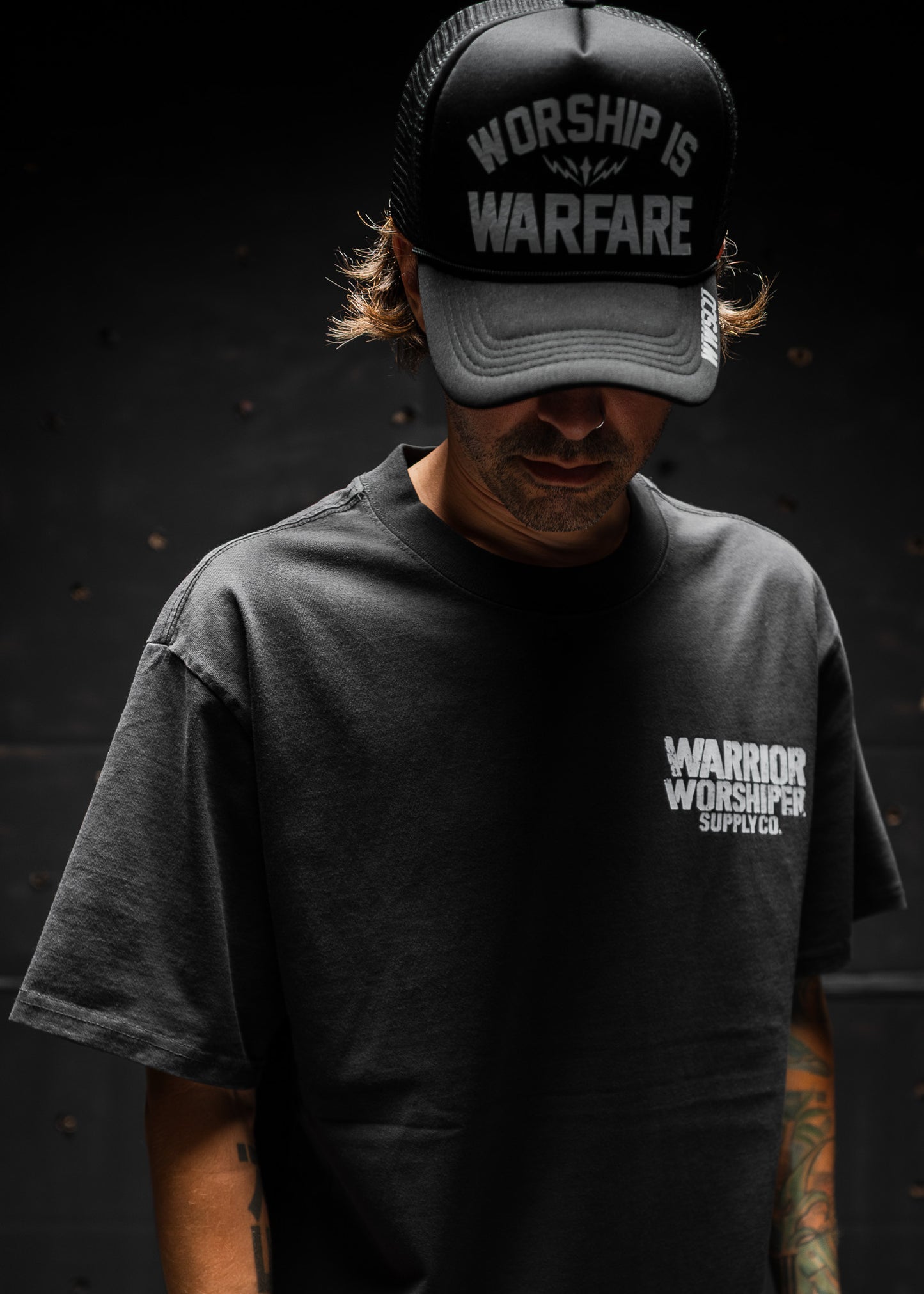 VICTORY IS INEVITABLE "PREMIUM" HEAVY KNIT TEE IN FADED BLACK 7.1 oz