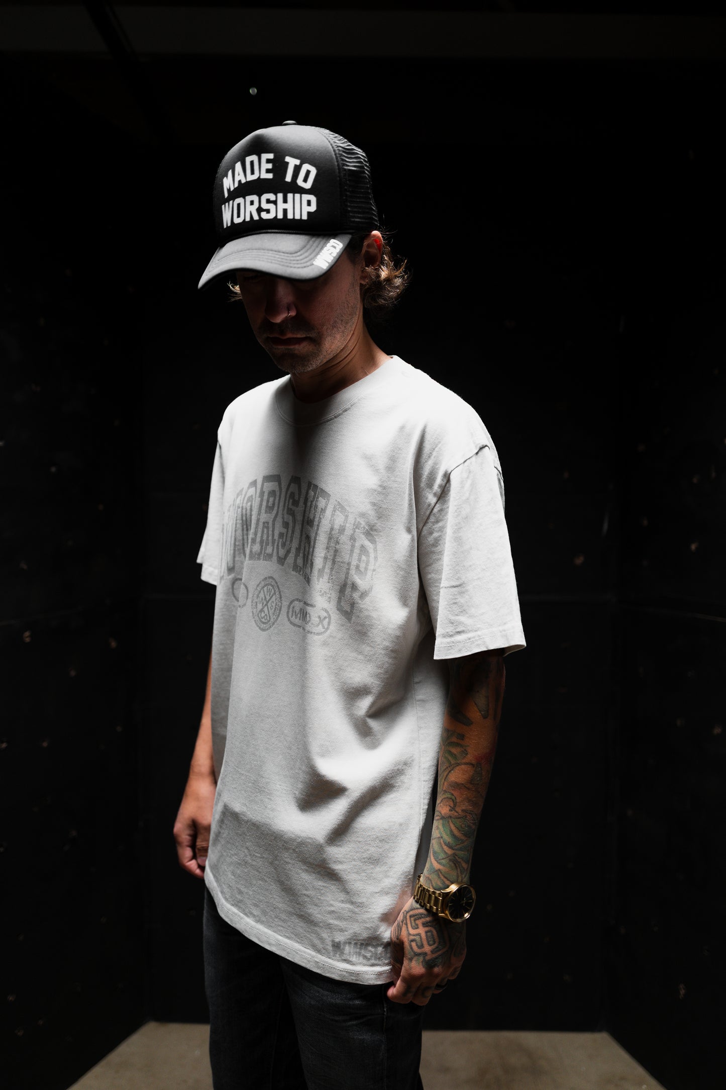 CROSSES WORSHIP "PREMIUM" HEAVY KNIT TEE IN FADED BONE 7.1 oz