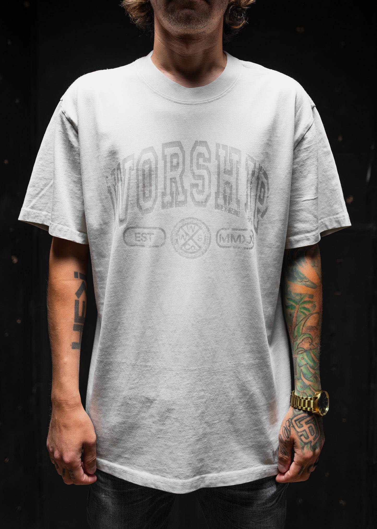 CROSSES WORSHIP "PREMIUM" HEAVY KNIT TEE IN FADED BONE 7.1 oz