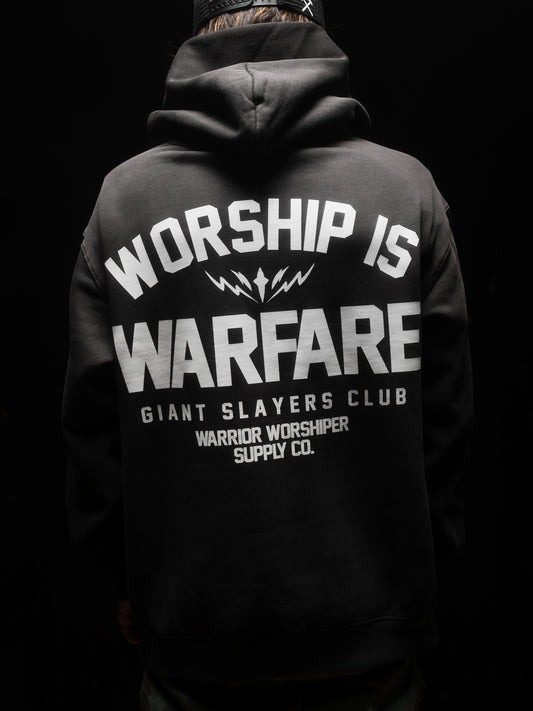 WORSHIP IS WARFARE V2 BACK EDITION "PREMIUM" RELAX FIT HOODIE IN FADED BLACK