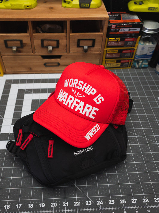 [NEW] WORSHIP IS WARFARE FOAM TRUCKER HAT V2 IN FIRE