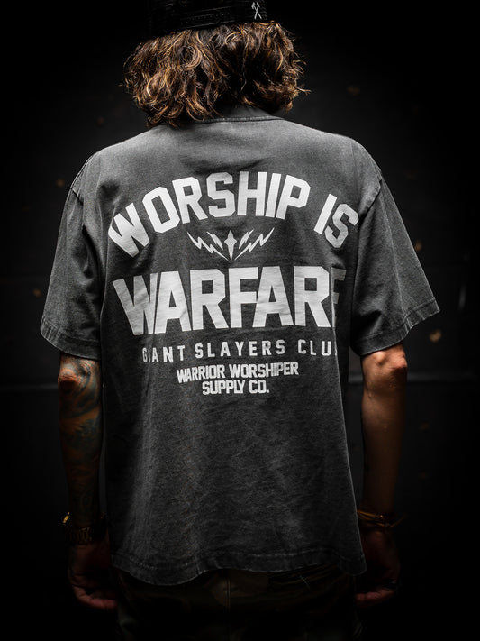 [NEW] WORSHIP IS WARFARE OVERSIZED "PREMIUM" CROP TEE IN VINTAGE BLACK 7.5 oz