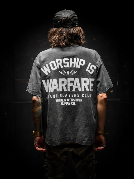 WORSHIP IS WARFARE OVERSIZED "PREMIUM" CROP TEE IN VINTAGE BLACK 7.5 oz