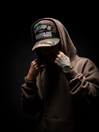 WORSHIP IS WARFARE CAMO SNAPBACK HAT [SMALL BATCH]