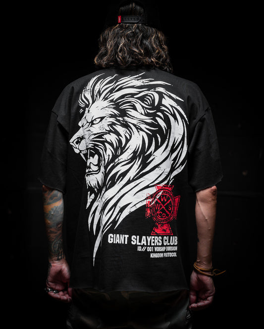 [NEW] ROARING LION  "PREMIUM" OVERSIZED "RAW EDGE" CROP HEAVY TEE IN BLACK [LIMITED]
