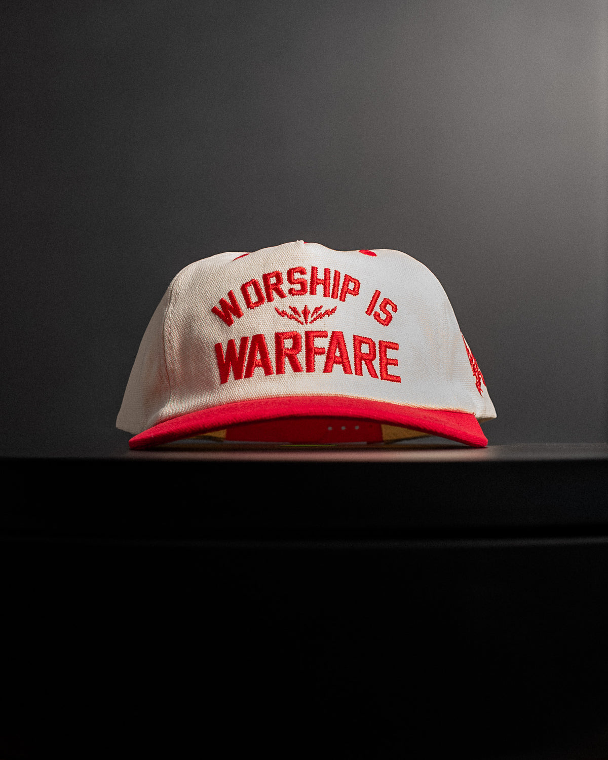 [NEW] "WORSHIP IS WARFARE" CREAM/ RED UNSTRUCTURED MID CROWN HAT (LIMITED BATCH 001)