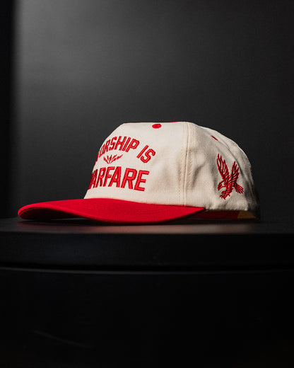 [NEW] "WORSHIP IS WARFARE" CREAM/ RED UNSTRUCTURED MID CROWN HAT (LIMITED BATCH 001)