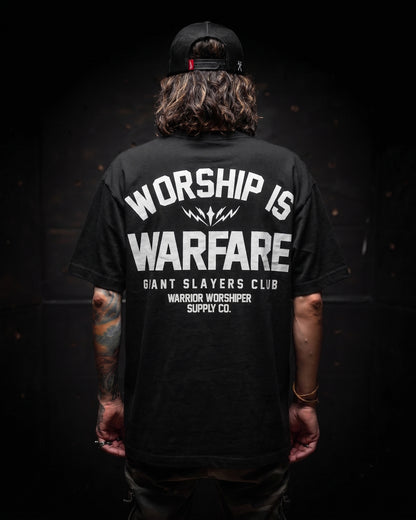 [NEW] FLAGSHIP WORSHIP IS WARFARE "PREMIUM" OVERSIZED BOX TEE 7.5 oz IN RUSTIC BLACK